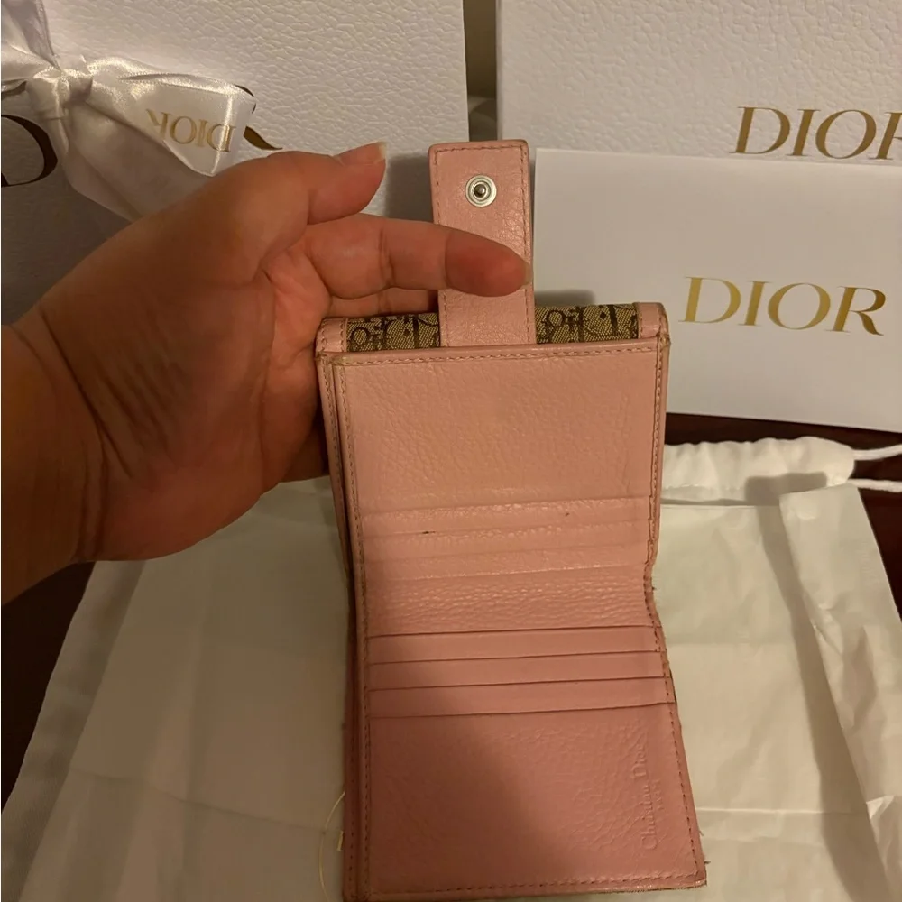 Dior Brown Monogram Canvas Wallet with Pink Trim